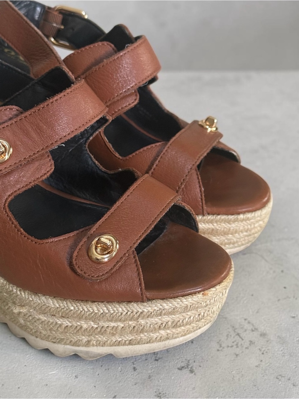 Coach Cognac Brown Leather Espadrille Platform Wedge Sandals! Size 6 EUC!! - Picture 9 of 13